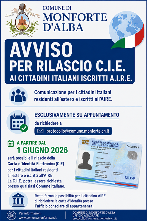 Avviso per rilascio C.I.E. ai cittadini italiani iscritti A.I.R.E.