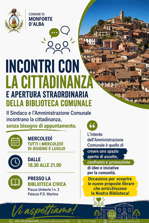 Incontri con la cittadinanza ed apertura straordinaria della Biblioteca Civica