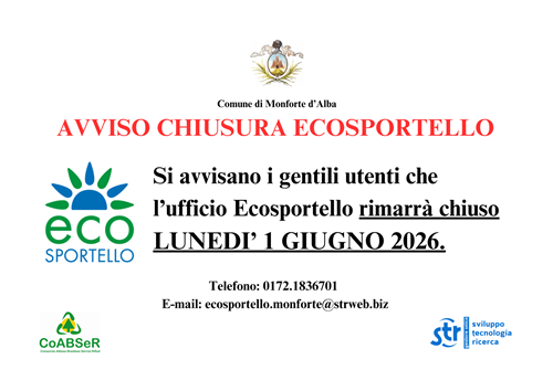 Avviso di chiusura ecosportello lunedì 01.06.2026