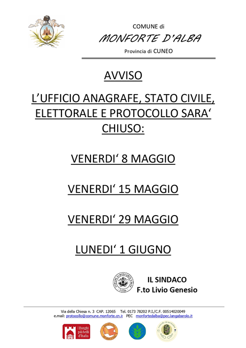 Avviso chiusura ufficio anagrafe, stato civile, elettorale, protocollo.