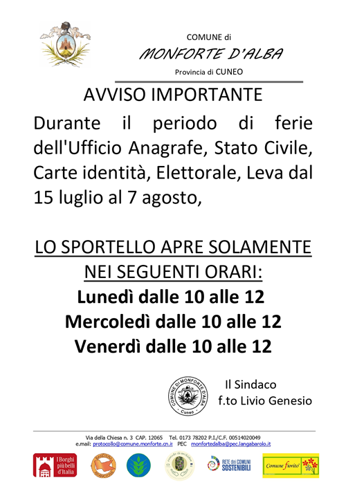 Variazione orario sportello Ufficio Anagrafe, Stato Civile durante il periodo di ferie